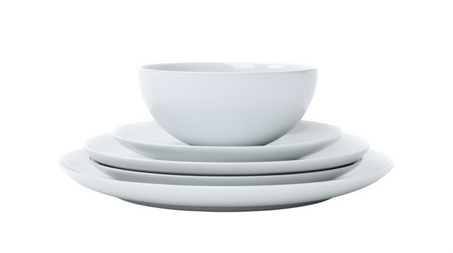 Elevate your dining experience with this elegant stack of modern white plates and a versatile bowl