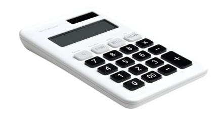 Sleek modern white calculator with large display and black numeric keypad, perfect for business and education