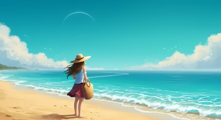 Young woman standing on beach holding a bag and looking at ocean  