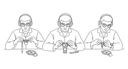 A black and white line drawing illustration showing a watchmaker's process of assembling and repairing a mechanical wristwatch