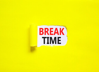 Break time symbol. Concept word Break time on beautiful white paper. Beautiful yellow paper background. Business break time concept. Copy space.