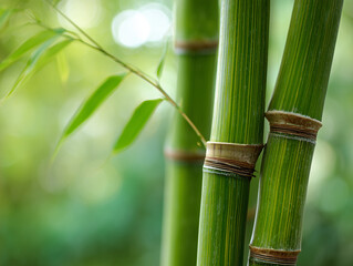Obraz premium close up of two lush green bamboo stems against soft focus background