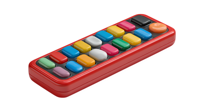 Vibrant colorful buttons on a red electronic device, perfect for tech concepts and playful designs