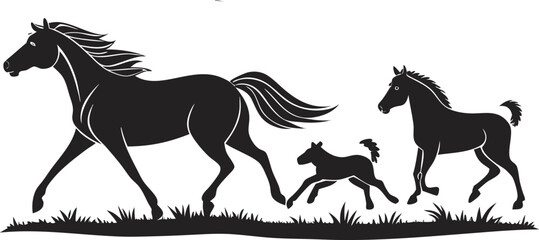 Elegant Silhouette of a Mare with Her Foals Galloping Freely Across a Grassy Plain Graceful and Serene
