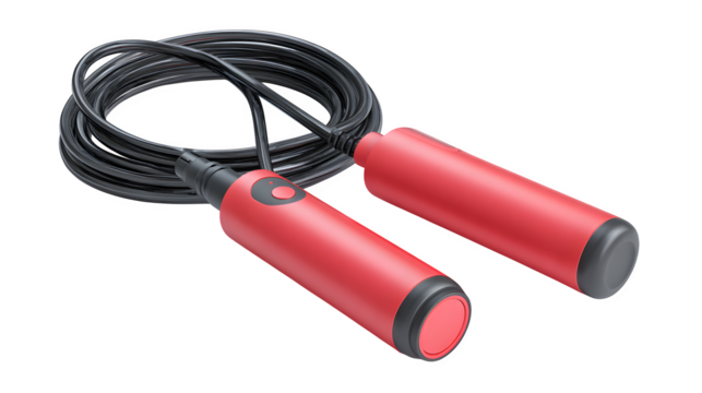 Dynamic red jump rope with coiled black cord and modern handles, perfect for fitness enthusiasts