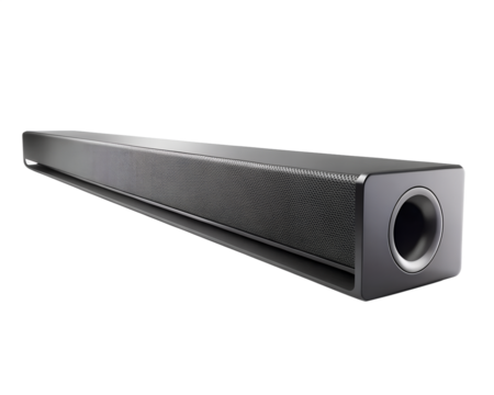 Modern black soundbar speaker for home theater and music entertainment, isolated on transparent background