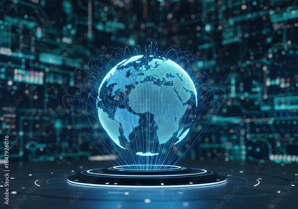 Poster illuminated digital globe showcasing global connectivity and advanced technology in a futuristic env