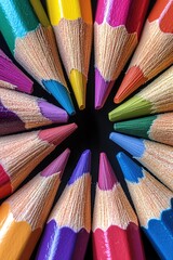 A detailed macro shot of colorful pencils arranged in a circular pattern with their sharpened tips pointing inward. The pencils display a spectrum of colors from red to violet.