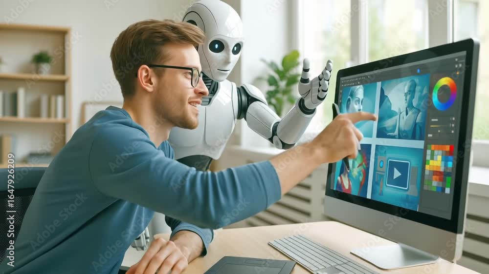 Poster young man in blue sweater working with humanoid robot on digital design project. robot points to com