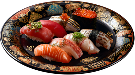 Savor exquisite sushi assortment featuring vibrant salmon, tuna, and glistening ikura on a decorative plate