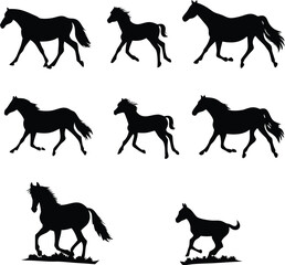 Dynamic Array of Horse Silhouettes Capturing Movement and Grace in Various Poses, Perfect for Equestrian Designs and Artistic Projects