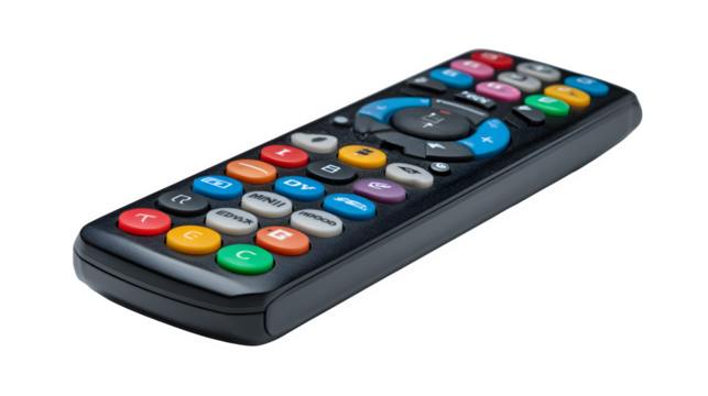 Modern multimedia remote control with colorful programmable buttons for entertainment and smart home control