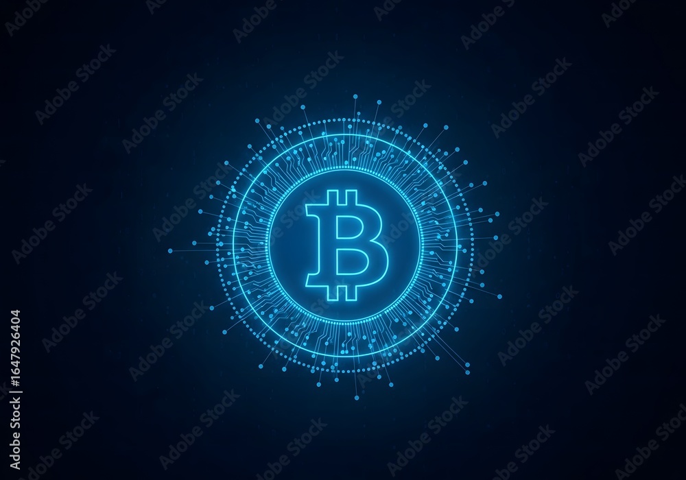 Poster futuristic neon blue bitcoin symbol illuminated with digital network particles on a dark background