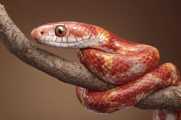 Obraz premium Corn snake resting gracefully on a branch in a warm-toned environment with detailed scales and striking colors showcasing its beauty and natural habitat