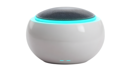 Sleek modern smart speaker with glowing cyan accent and mesh top for premium sound experience