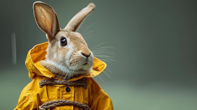Rabbit in Yellow Raincoat Stands Proudly in a Serene Outdoor Setting During Autumn