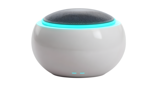 Sleek modern smart speaker with glowing cyan accent and mesh top for premium sound experience