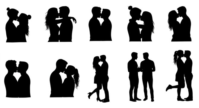 Romantic lovely Couples standing with romance so cute kissing seen silhouette on white background

