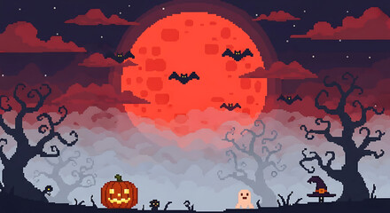 Pixel art halloween scene with red moon, bats, pumpkin, ghost, and witch hat