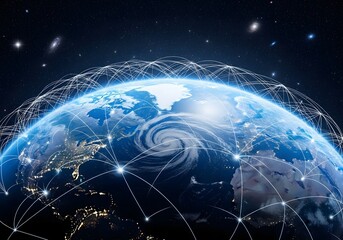 Global digital network connecting continents and oceans with futuristic light trails and stars above