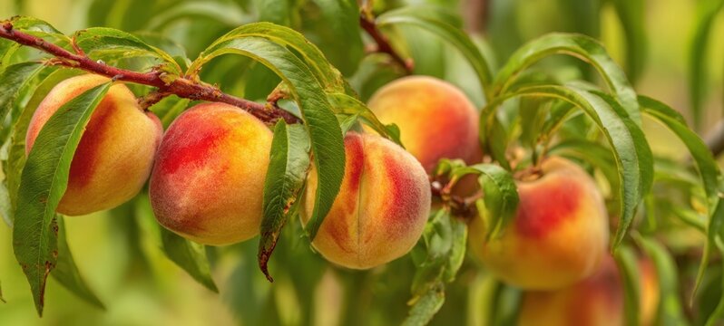 The peaches on a tree branch with ripe fuzzy fruit and green leaves
