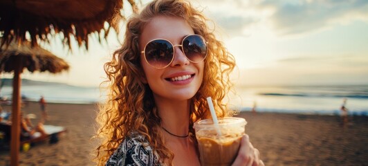 The smiling woman in sunglasses enjoying iced coffee on a golden hour beach