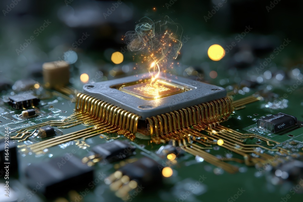 Poster exploring the future of nanotechnology in nanochips and circuits with intricate designs and glowing 