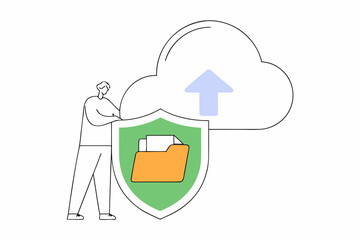 Ochrona danych i bezpieczny backup w chmurze. Minimalistyczna ilustracja symbolizująca cyberbezpieczeństwo i prywatność informacji w internecie.