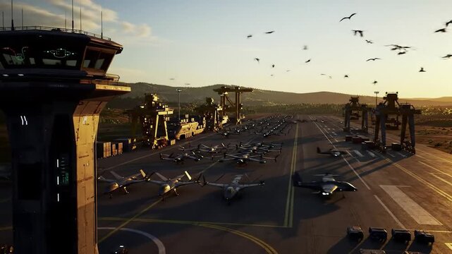 Advanced airbase Future VTOL aircraft arrayed