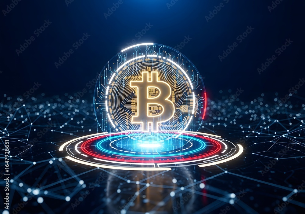 Poster futuristic digital bitcoin symbol encased in a glowing network sphere on a sci fi platform