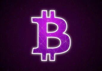 Vibrant neon purple bitcoin symbol glowing against a dark textured background with subtle sparkles