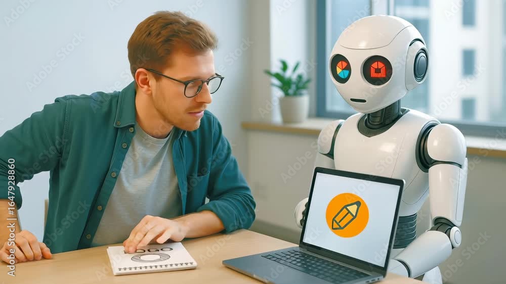 Poster young man works with humanoid robot on logo design project. robot shows suggestions on laptop while 