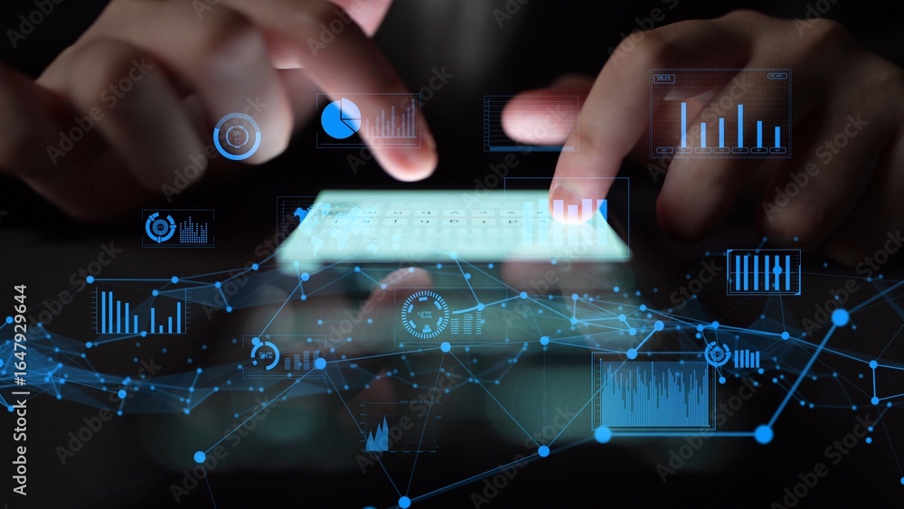 Poster dynamic image depicting hands interacting with a transparent touchscreen filled with digital graphs,