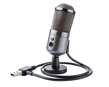 Modern usb microphone for audio recording, podcasting, and broadcasting, isolated on transparent background