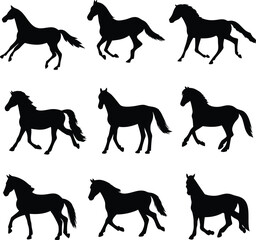 Equestrian Silhouettes A Collection of Black Horse Illustrations in Various Poses Portraying Movement Strength and Grace on a White Background