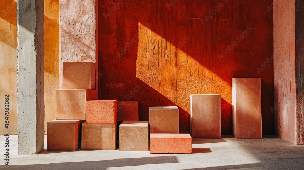 Aufkleber geometric shapes orange architecture staircase design structure minimal abstract light shadow compos