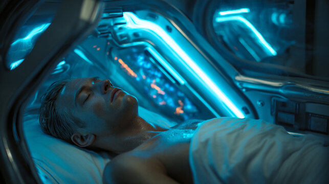 Reclining in Cryosleep Capsule, A lone figure rests serenely within a futuristic cryosleep capsule. The soft blue glow illuminates the scene. Stock Image, HD Quality