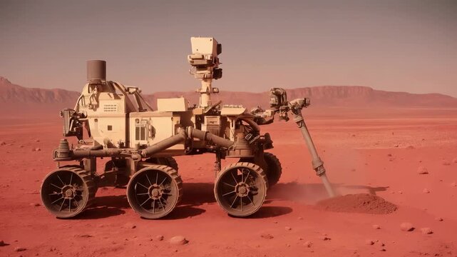 Robotic exploration rover collecting geological samples on rocky Martian surface with mountainous terrain in background. Large wheels navigate rugged terrain