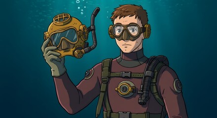 Vintage diver with helmet preparing for underwater exploration, representing historical diving equipment and aquatic adventures