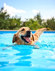 A golden retriever swims happily in a pool on a sunny day