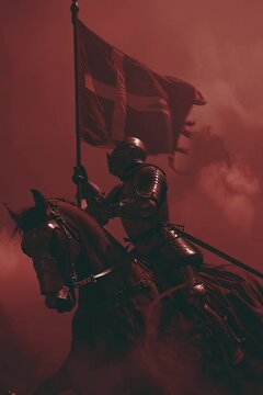 Medieval knight in armor on horseback holding a flag in red smoke