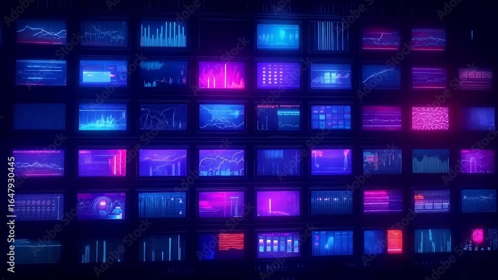 Poster multiple digital screens displaying complex data visualizations with graph lines, charts, and techni