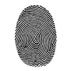Detailed black and white fingerprint illustration with complex swirling patterns and ridges visible on transparent background