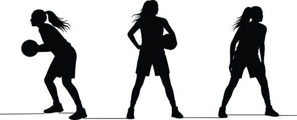Silhouette of female basketball player in action poses, sports training vector illustration, athletic woman with ball, black and white minimal design