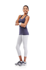 Woman, arms crossed and fitness in portrait with smile, ready for exercise isolated on transparent...