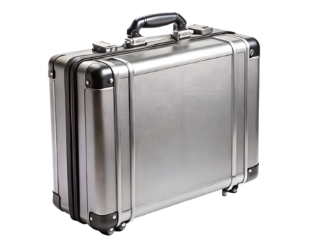 Silver metallic briefcase for business travel and document storage, isolated on transparent background