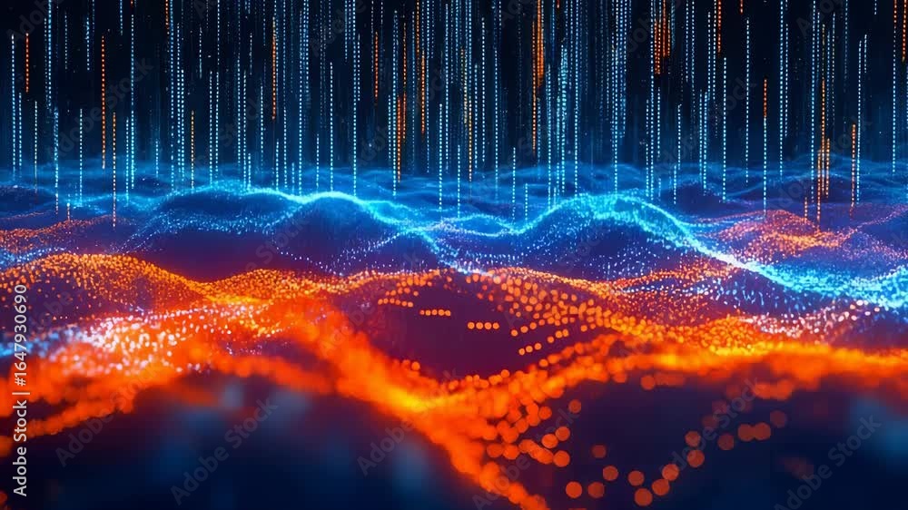 Poster Abstract digital landscape with blue and orange particle waves, vertical data streams, complex motion visualization representing technological data flow. Dynamic particle movement