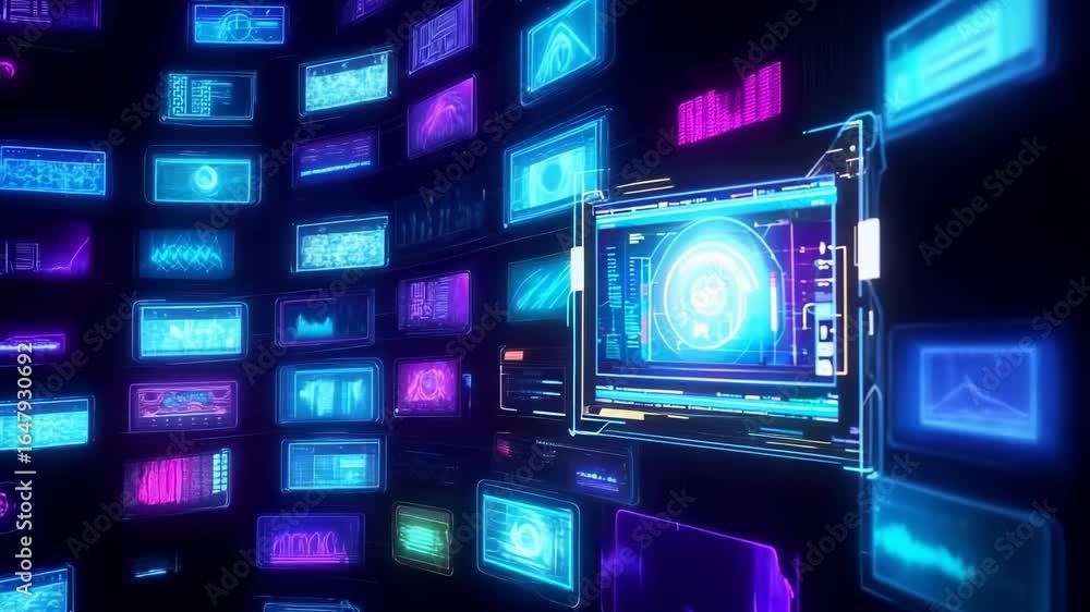 Poster multiple holographic screens displaying complex data visualizations, graphs, and technological inter