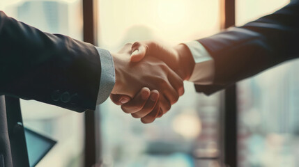 Plakat A close up of two people in suits shaking hands in front of a blurred city background window view