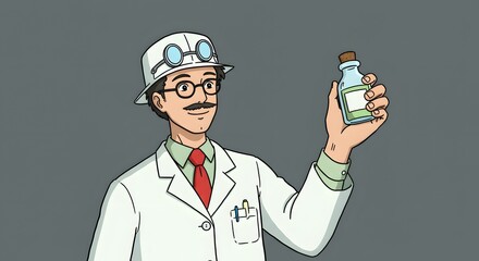 Scientist holding a small glass bottle with a light liquid in a white lab coat and goggles